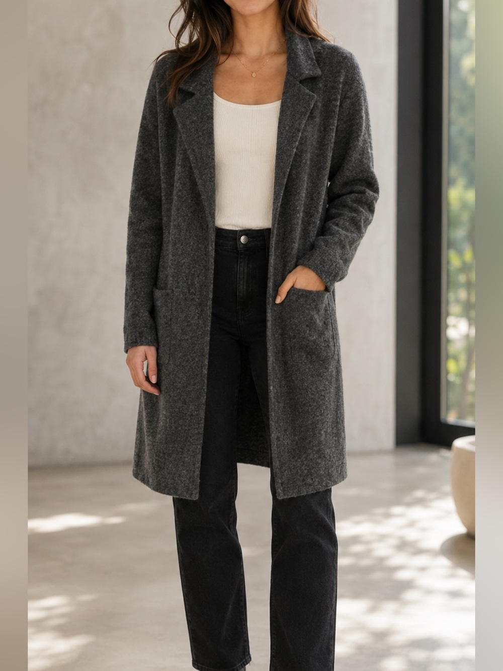 Monteau Open Front Marled Grey Wool Cardigan Sweater Size Medium‎